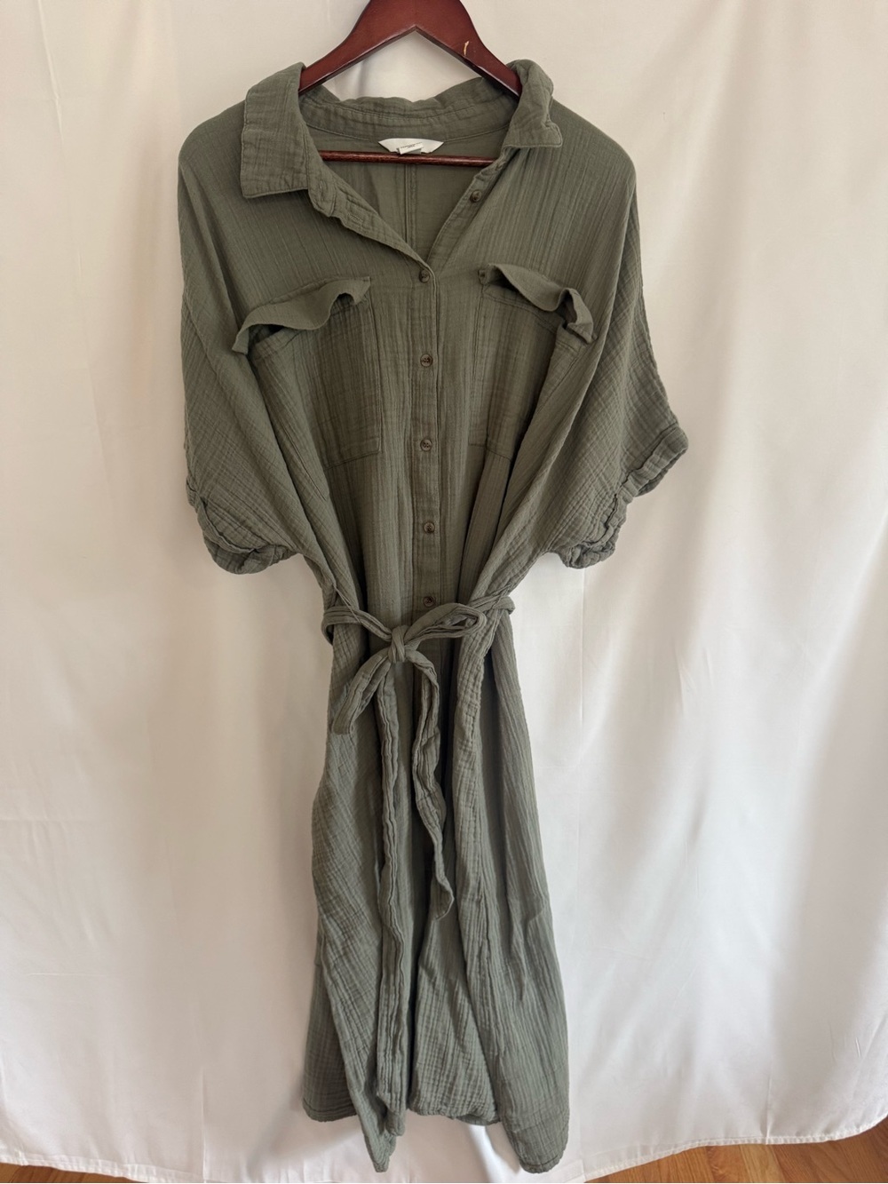 Maternity Olive Green Button-Front Tie-Waist Dress